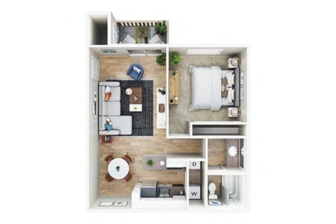 Floor plan for 1 bed, 1 bath, 684 sqft